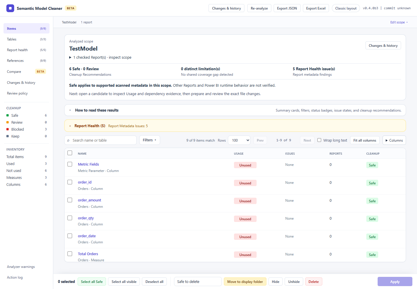 Analysis shows the Semantic Model, selected Report scope, separate coverage limitations and cleanup recommendations