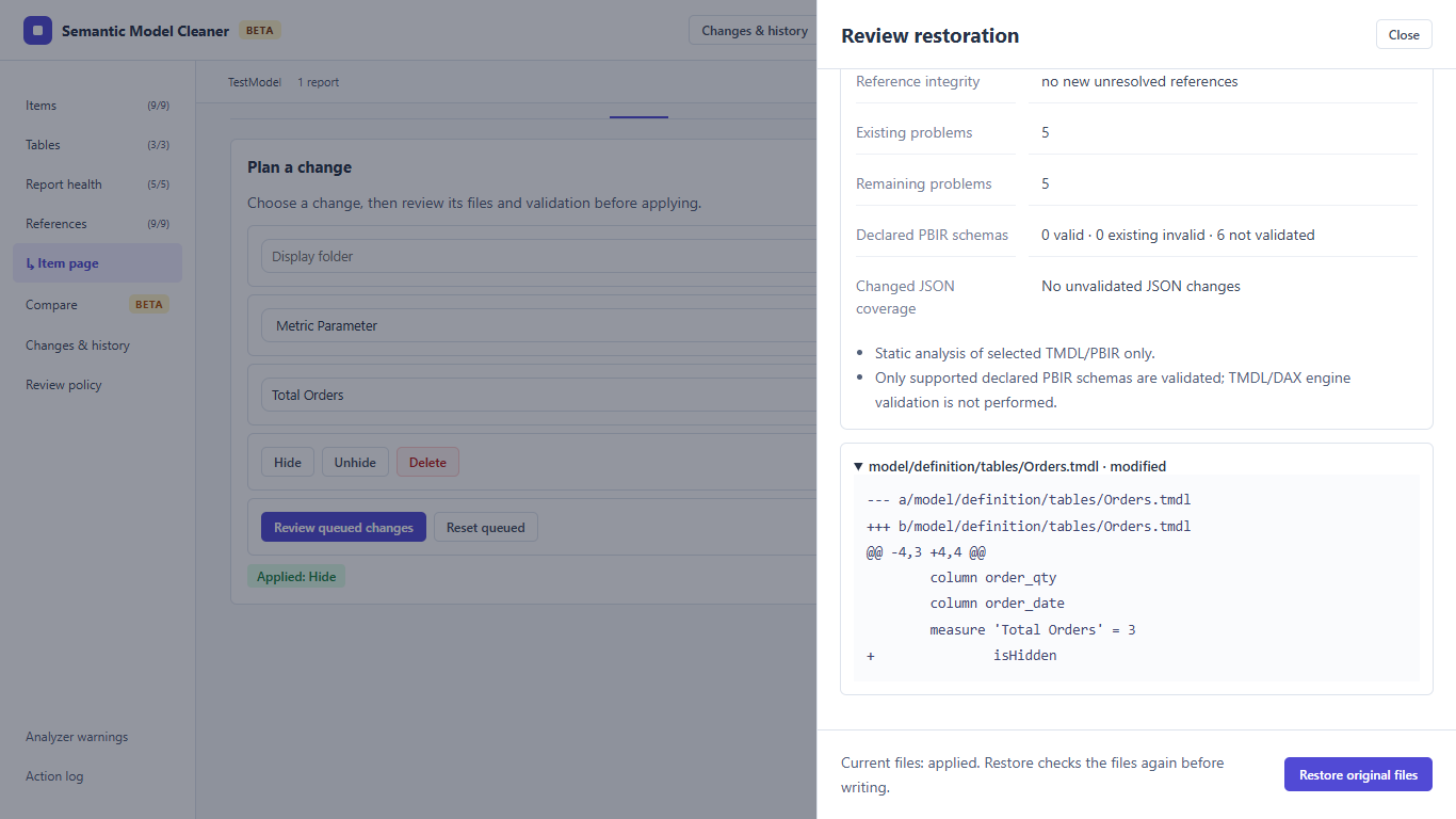 Restoration review shows saved differences and the current file state before restoring original bytes
